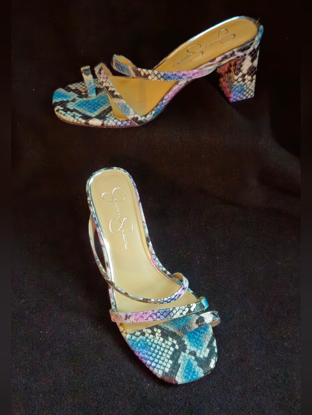 Jessica Simpson Willmena Multicolor Snake-Print Block Heel Sandals - Size 7M